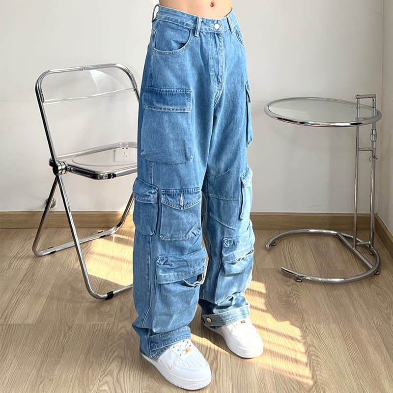 American Retro Cargo Jeans Oversized Wide Leg Straight Multi-Pocket Street Hip Hop Pants Men