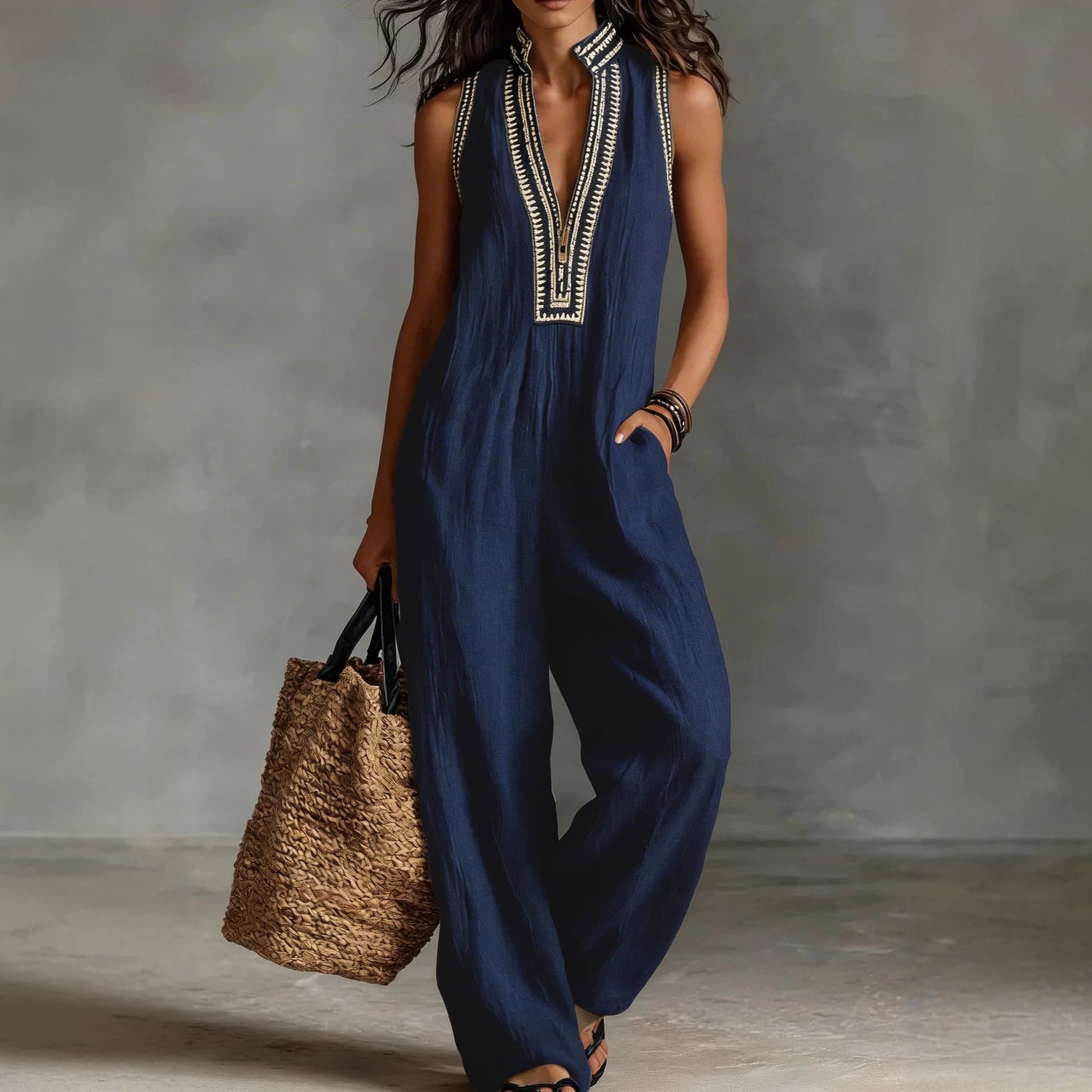2026 European and American style cross-border women's simple linen blend sleeveless solid color jumpsuit with zipper and stand collar
