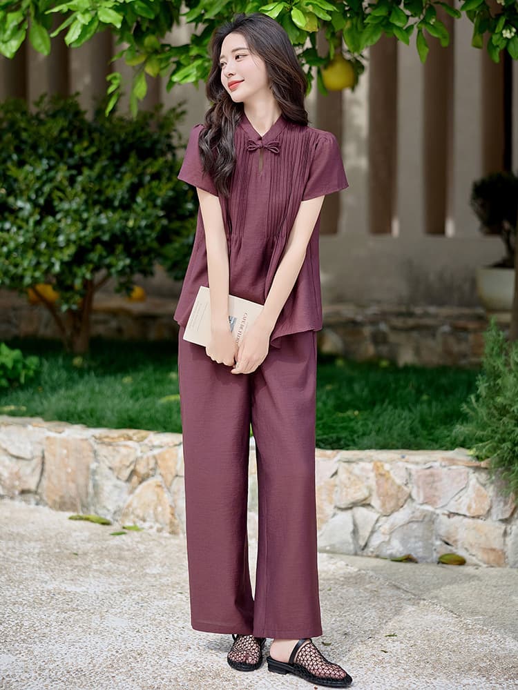Fashionable Women's 2-Piece Set 2025 Summer New Stylish Slimming Short Sleeve Top and Wide Leg Pants SY2732