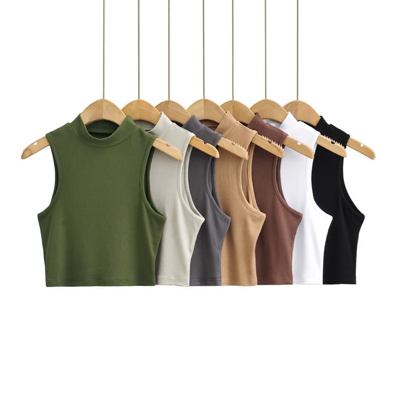 Half Turtleneck Ribbed Elastic High Waist Tight Cropped Sleeveless Top Women