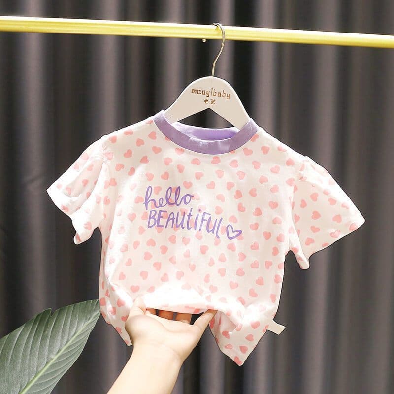1-5 Years Baby Girl Sweet Peach Heart Top, Summer Thin Cotton Short Sleeve T-Shirt