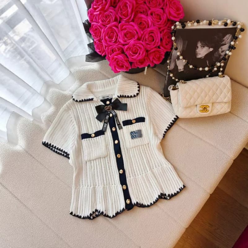 2026 Summer New Knitted M Letter Hollow Crochet Short Sleeve Single-Breasted Cardigan Loose Versatile Top