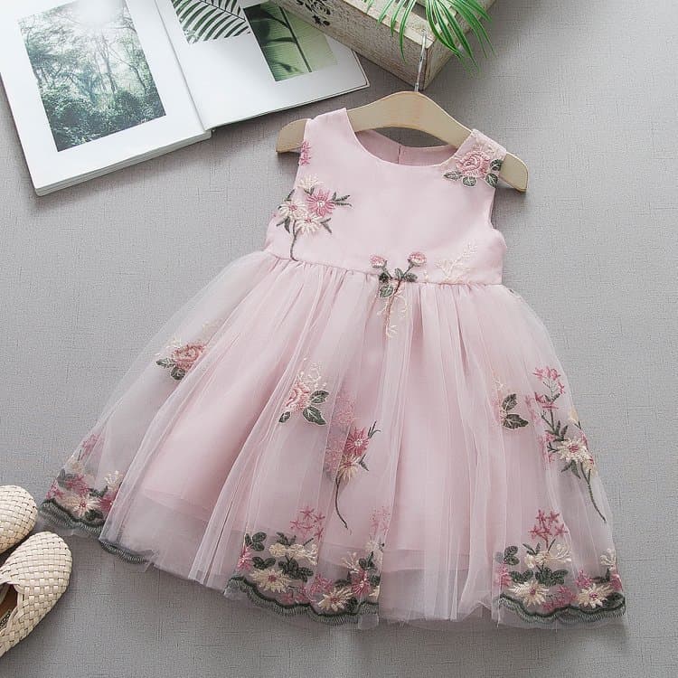 2026 Summer Baby Girl Dress Dropshipping - Solid Color Stylish Embroidered Flower Lace Tulle Dress for Toddlers