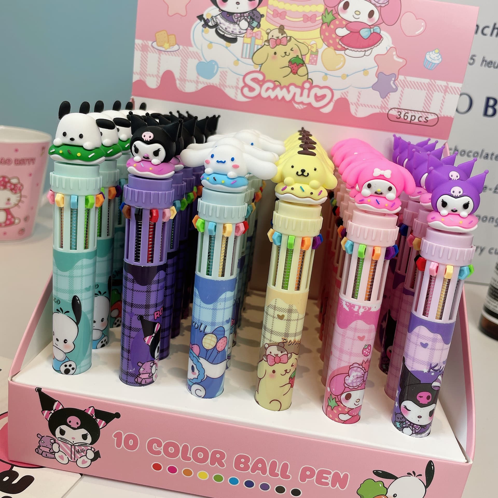 Sanrio 10-Color Ballpoint Pen, Student Retractable High Appearance Cute Cinnamoroll Hand Account Pen, Stationery Factory Wholesale