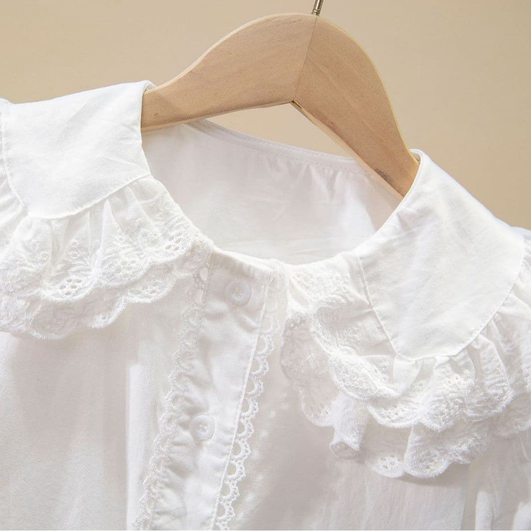 2024 Girls' New Arrival Large Children's Doll Collar Lace All-Match Children's Lapel Short-Sleeved French Shirt White