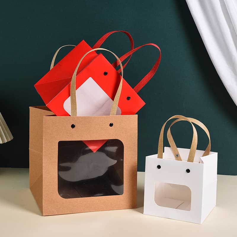 Creative smiley face gift bag with window, rivet, kraft paper tote bag, cake and flower square bottom tote bag, gift wrapping