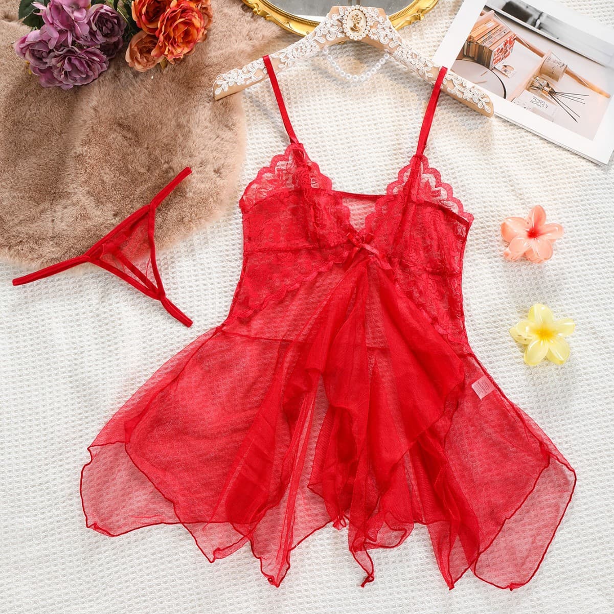 New Sexy Lingerie, Mesh Sheer Cute Thin Sleep Dress, Temptation Set for Women 7031