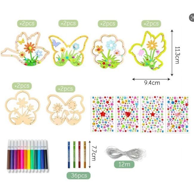 Wooden Flower, Butterfly, Bird DIY Handmade Children's Coloring, Drawing, and Doodle Hanging Set with Wooden Wind Chime Wood Chips