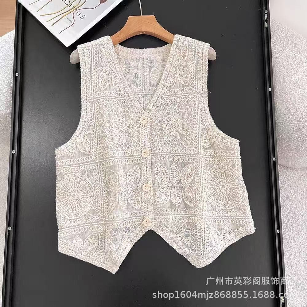 French-Style Heavy-Duty Hollow Embroidery Vest for Women, Summer High-End Layered Loose V-Neck Solid Color Sleeveless Top