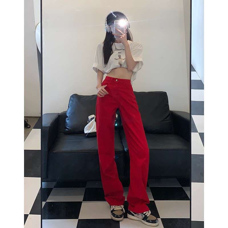 American Retro Red High Waist Wide Leg Pants Women 2026 Spring Summer Loose Slimming Straight Jeans
