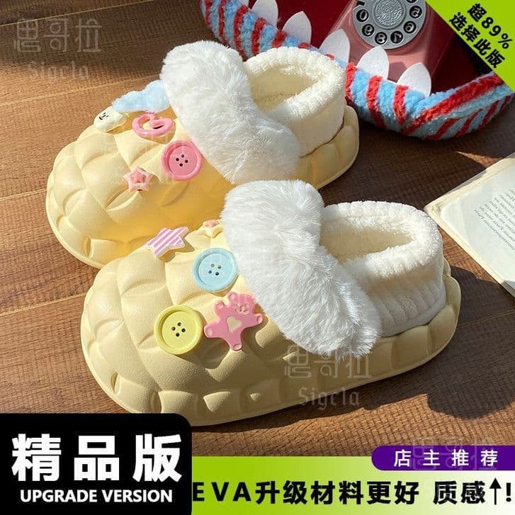 In-stock, fast-shipping cotton slippers for women, winter, couples, home, semi-enclosed, thick-soled, non-slip, warm, maternity shoes, indoor wool slippers.
