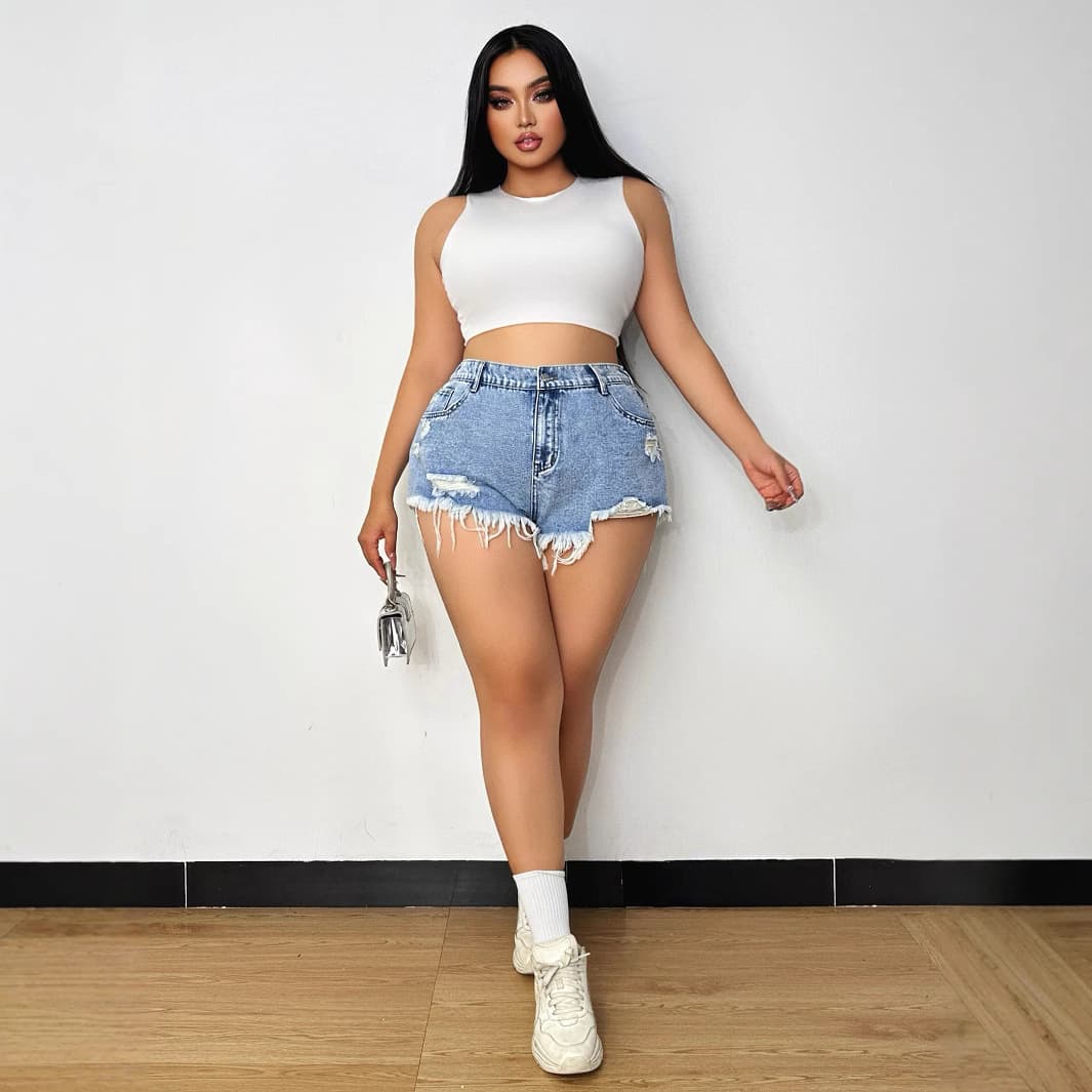 Clearance Vintage Irregular Distressed Ripped Denim Shorts for Women High Waist Plus Size