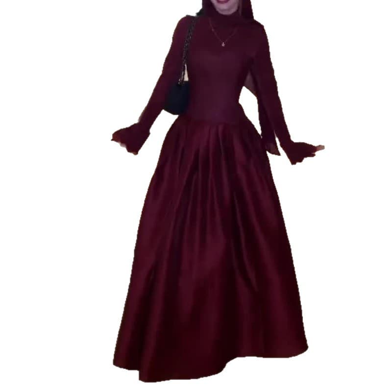 2026 New European and American Amazon Cross-border Women's Dress Elegant Long Sleeve Waist-cinching Lace Trim Red Maxi Dress