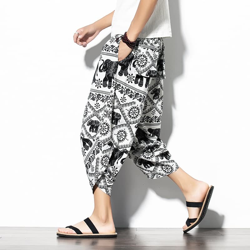 Men's wholesale summer Chinese style cotton linen cropped shorts, Korean style plus size youth loose printed harem lantern pants