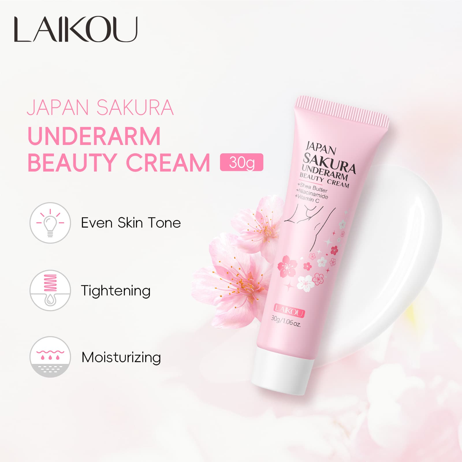 LAIKOU Japanese Sakura Underarm Darkening Cream 30g Moisturizing Skincare Full English