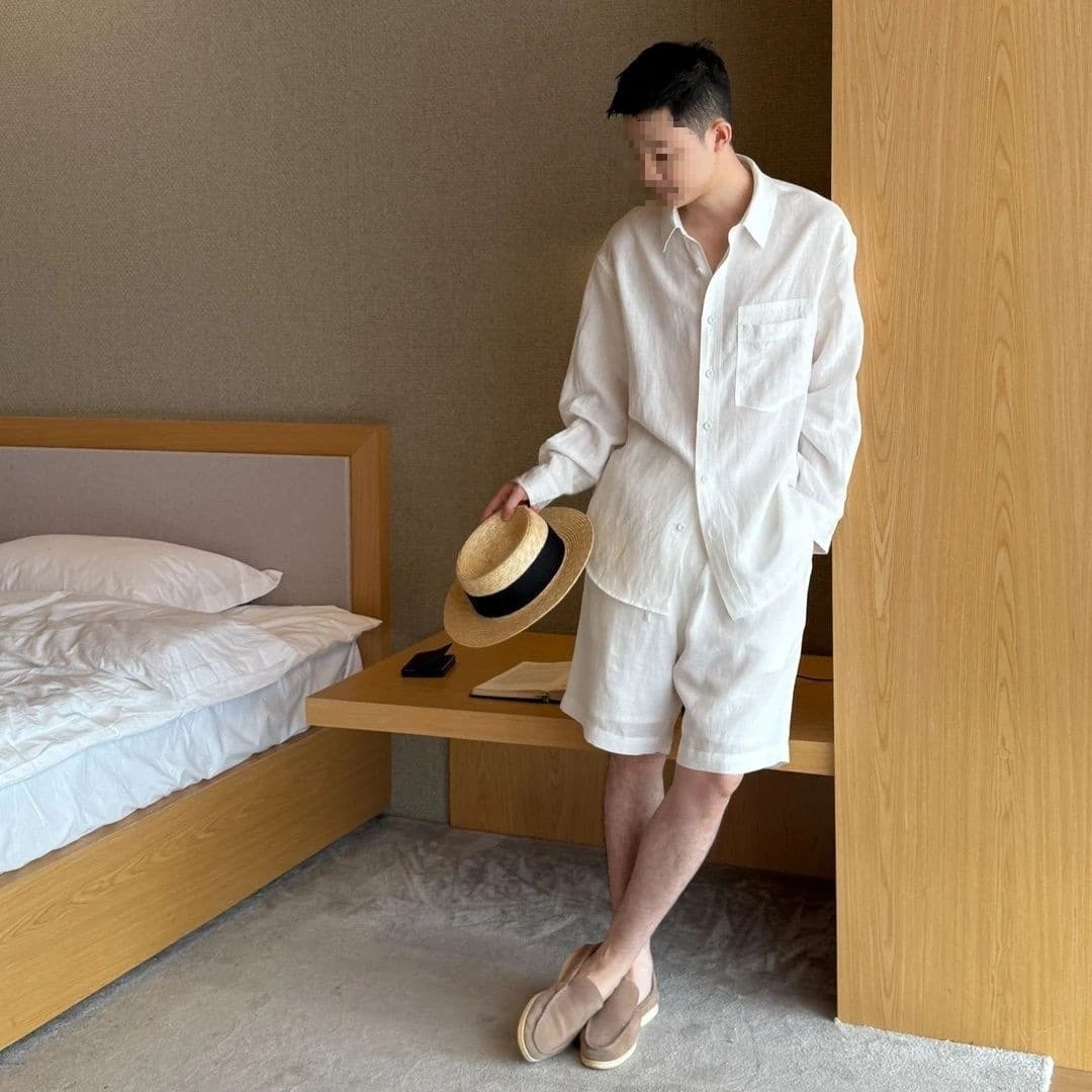 Cross-Border Summer Men Old Money Style Solid Color Casual Loose Breathable Simple Fashion Vintage Two