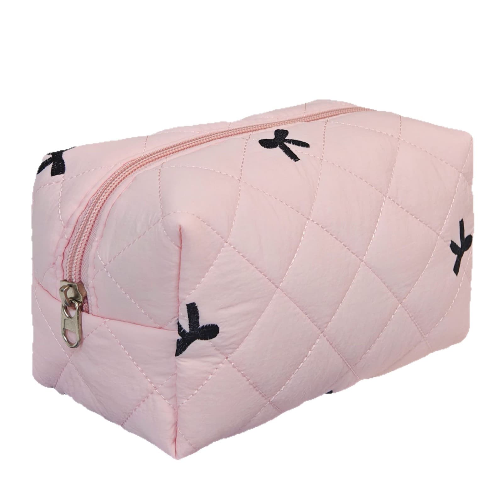 Large capacity cotton quilted bow portable handbag for makeup, headphones, data cables, cosmetics storage, and toiletries.