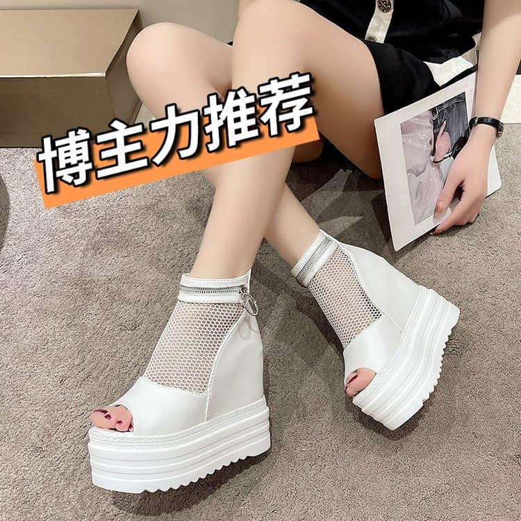 Women's Hidden Heel Sandals 2026 Summer New European and American Style Breathable Mesh Peep-Toe Shoes with Back Zipper Platform Thick-Soled Sandals