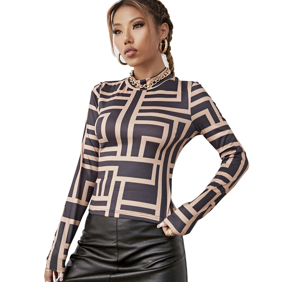 European and American cross-border turtleneck half-high neck long-sleeve top, slim fit sexy base shirt, geometric pattern printed women's T-shirt