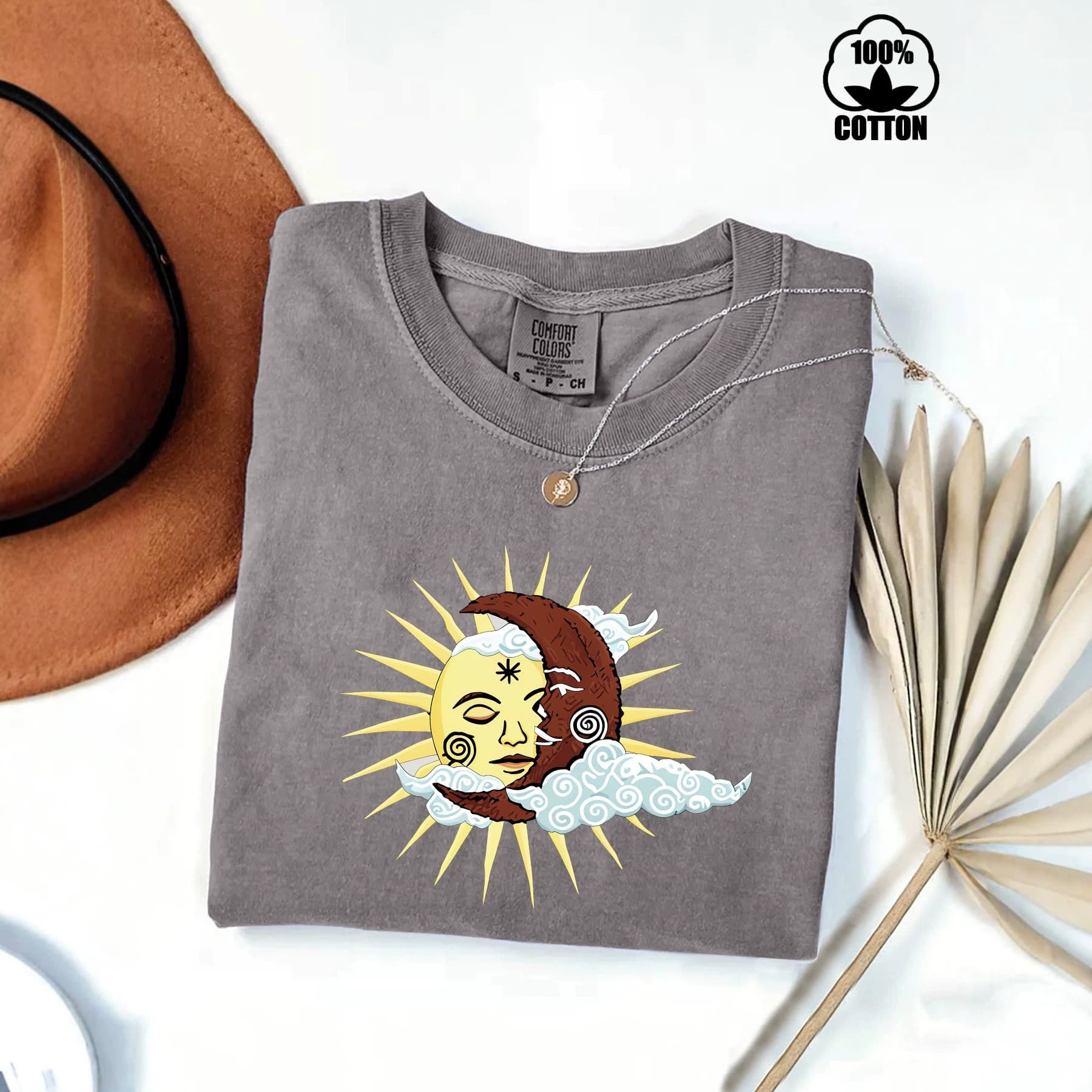 Washed Cotton Bohemian Moon Print Short Sleeve T-Shirt Women's Fashion Top
