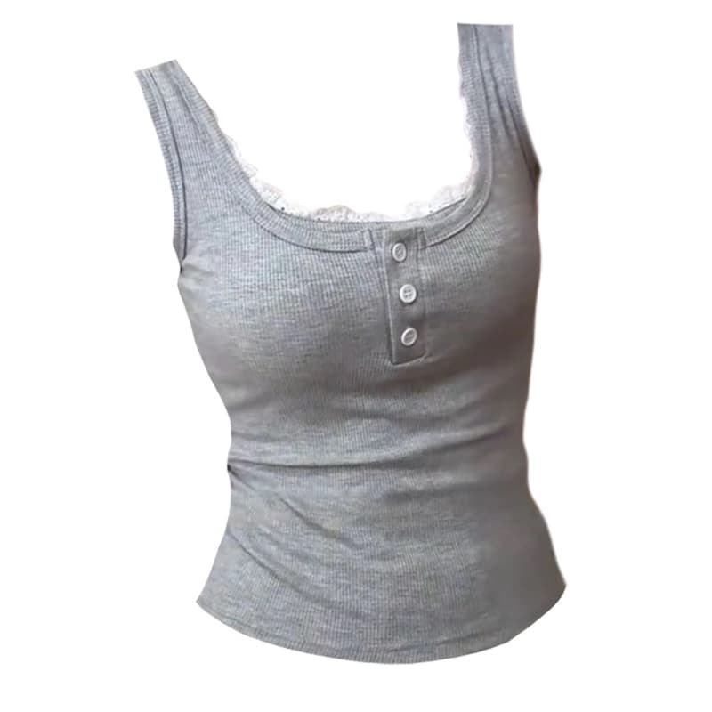Plus-size women's grey lace-trimmed faux two-piece tank top, summer slim-fitting and trendy.