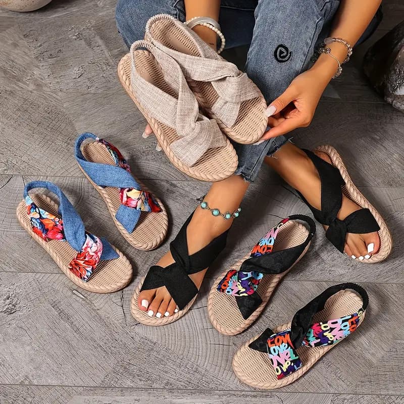 Women's 2025 New Style Sandals, Large Size Elastic Band Flat Sandals, Open Toe Lightweight Outdoor Beach Sandals, Summer Shoes