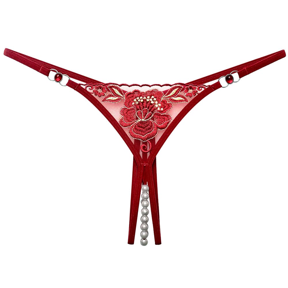 Palace-Style Embroidered Sexy Panties for Women, Interactive Beaded Design, Open-Crotch Temptation, Rhinestone-Embellished Thong