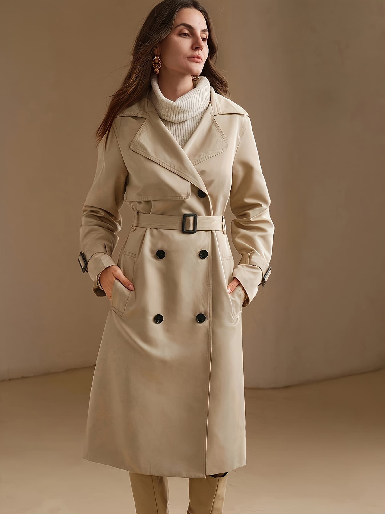 2026 New Cross-Border European and American Style Mid-Length Lace-Up Trench Coat for Women, Double-Breasted Lapel, Elegant and Slimming Commuter Coat