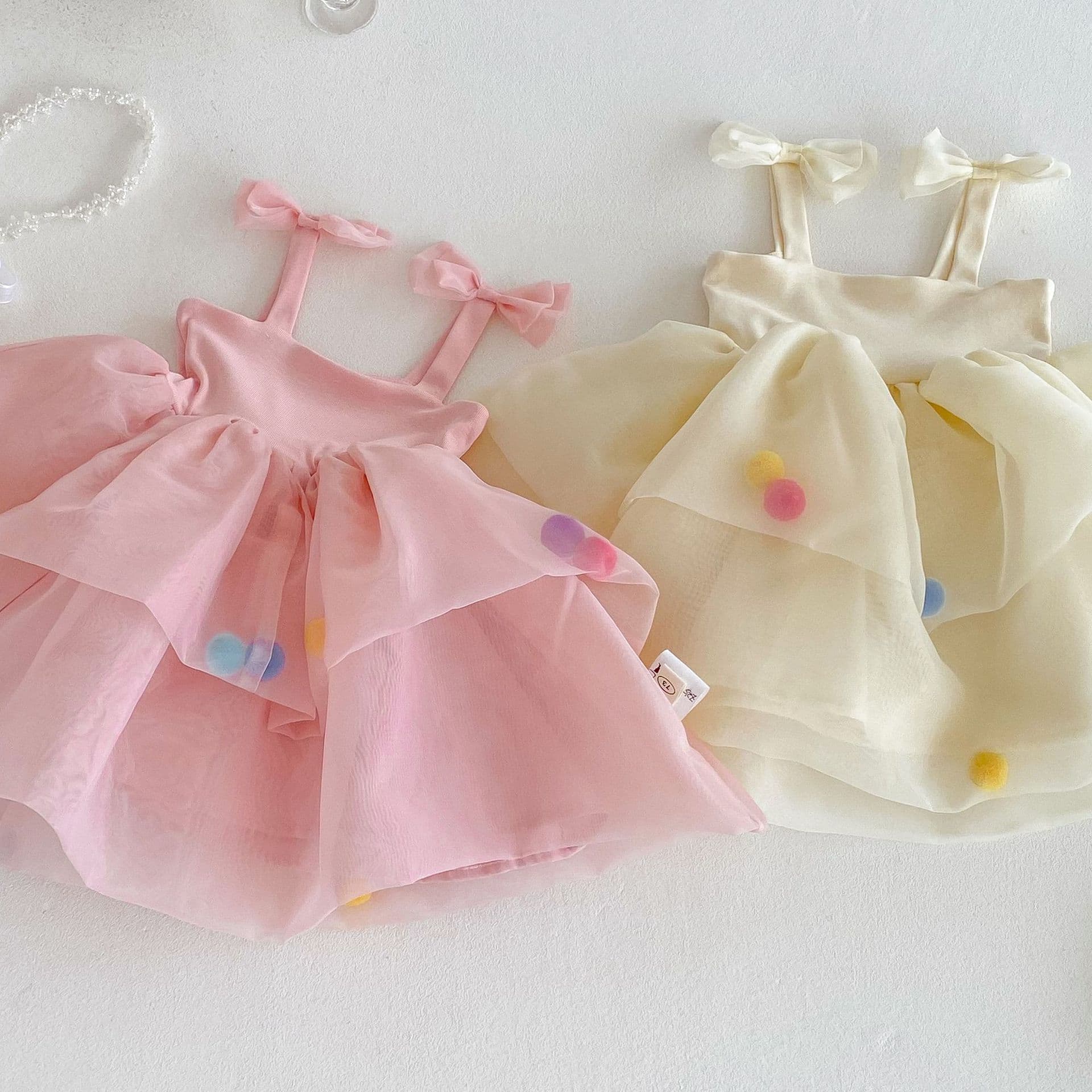 Girls Strap Princess Dress 2026 New Summer Baby Korean Mesh Ball Dress with Bow Children's Dress