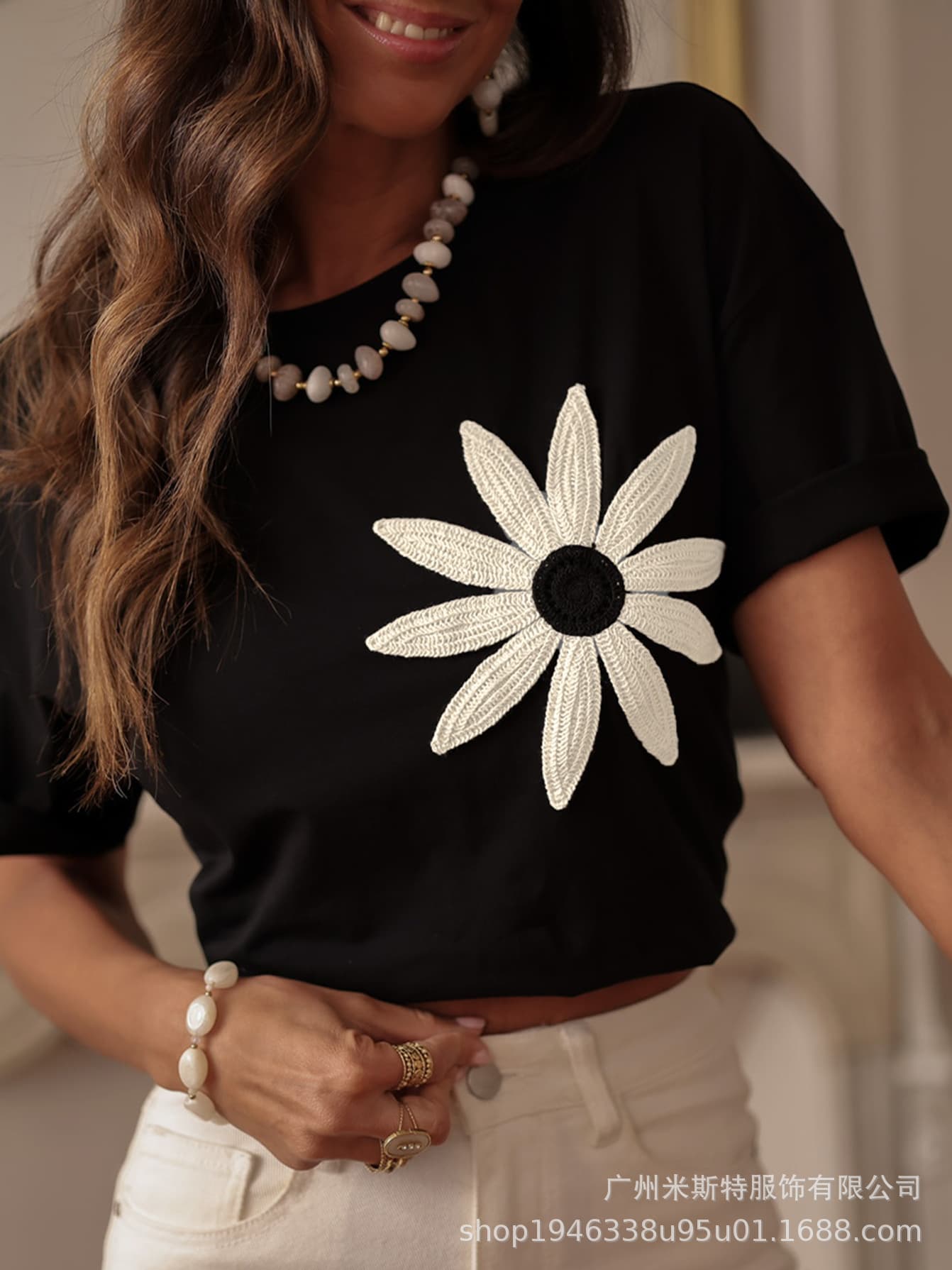 European and American style women's summer simple and versatile casual floral pattern round neck short sleeve T-shirt top