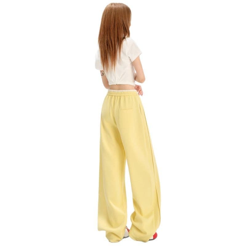 Spring Yellow Wide Leg Casual Pants for Women, Drawstring Elastic High Waist Slimming Loose Straight Banana Curved Sweatpants