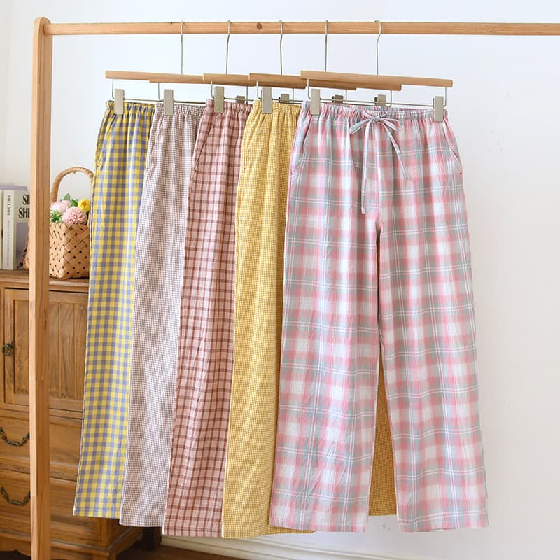 Washed Pure Cotton Pajama Pants for Women, Thin Style, Simple Plaid Home Pants, New Casual Wearable Out, Full Cotton Straight Leg Pants