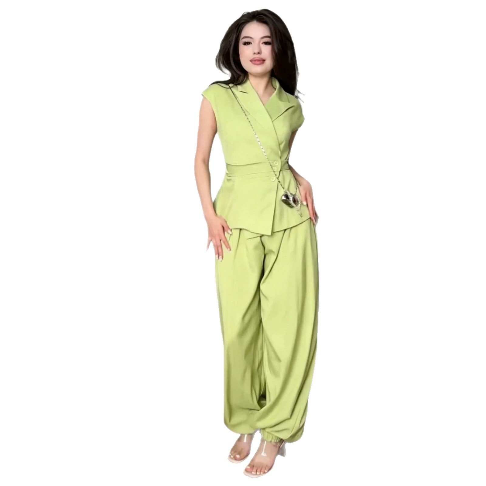 New European and American style 2026 summer women's V-neck work commuting neat casual button-down suit jacket and wide-leg pants set