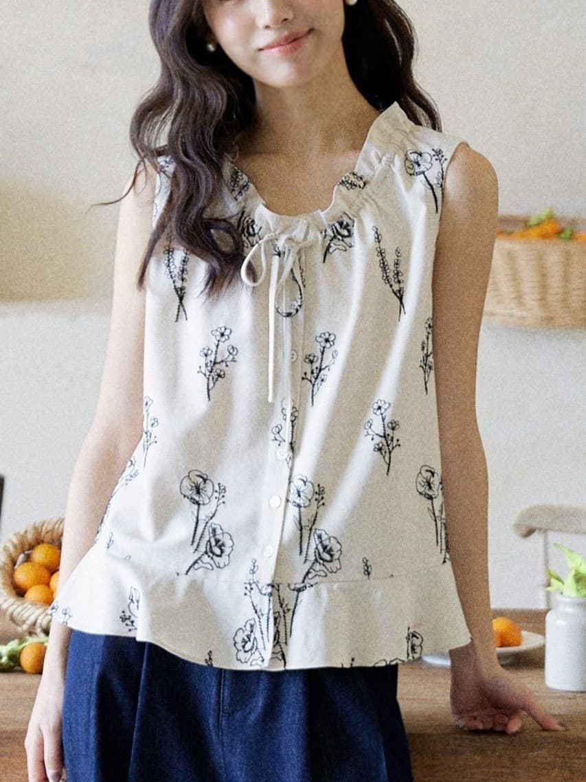 MIXAB Cotton Linen Embroidered Sleeveless Blouse for Women Summer Ruffle Drawstring Loose Fit Vacation Style Top