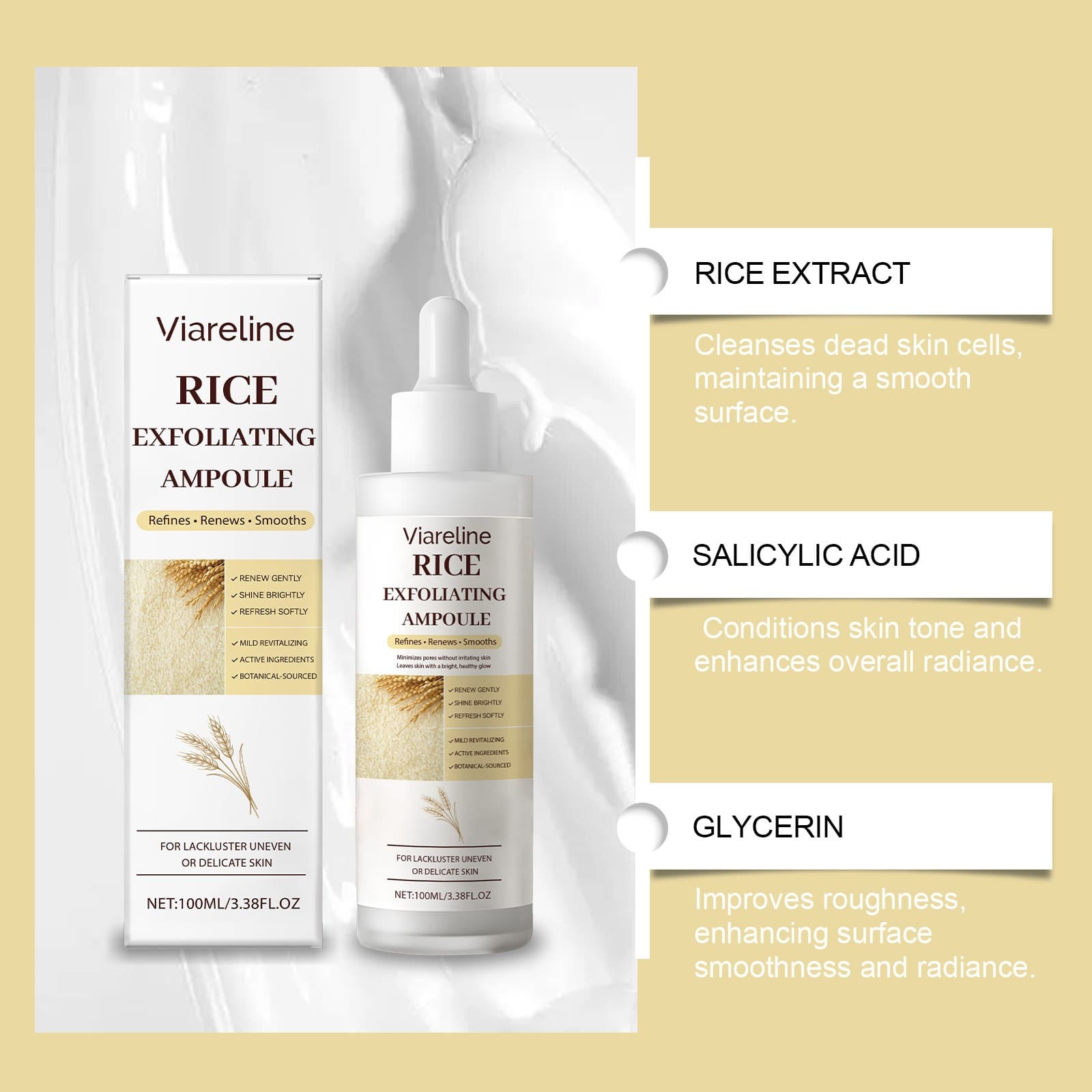 VIARELINE Rice Exfoliating Essence: A gentle, moisturizing, and nourishing facial skin essence made with rice-based ingredients.