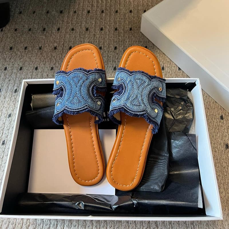 2025 New Triumph Arch Resort Flat Beach Embroidered Denim Fringe Slippers Women's Summer Outdoor Sandals
