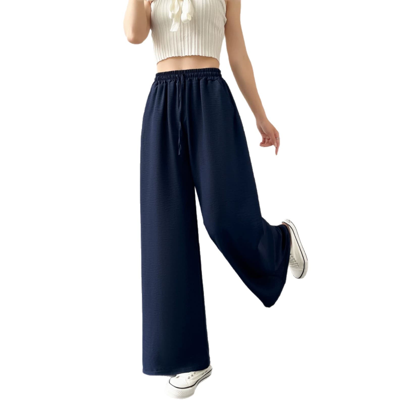 Summer Solid Wide Leg Pants Fashion Casual Slim Elastic Waist Thin Trousers