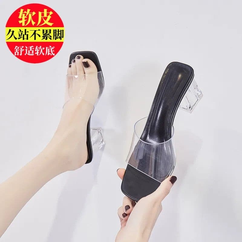 2025 New Transparent Women's Slippers, Summer Square Toe, Strappy High Heel, Crystal Fashion Chunky Heel Sandals