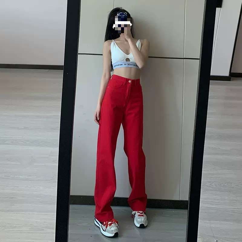 Red Wide Leg Jeans Women 2026 New High Waist Slimming Loose Thin Straight Pants High Street