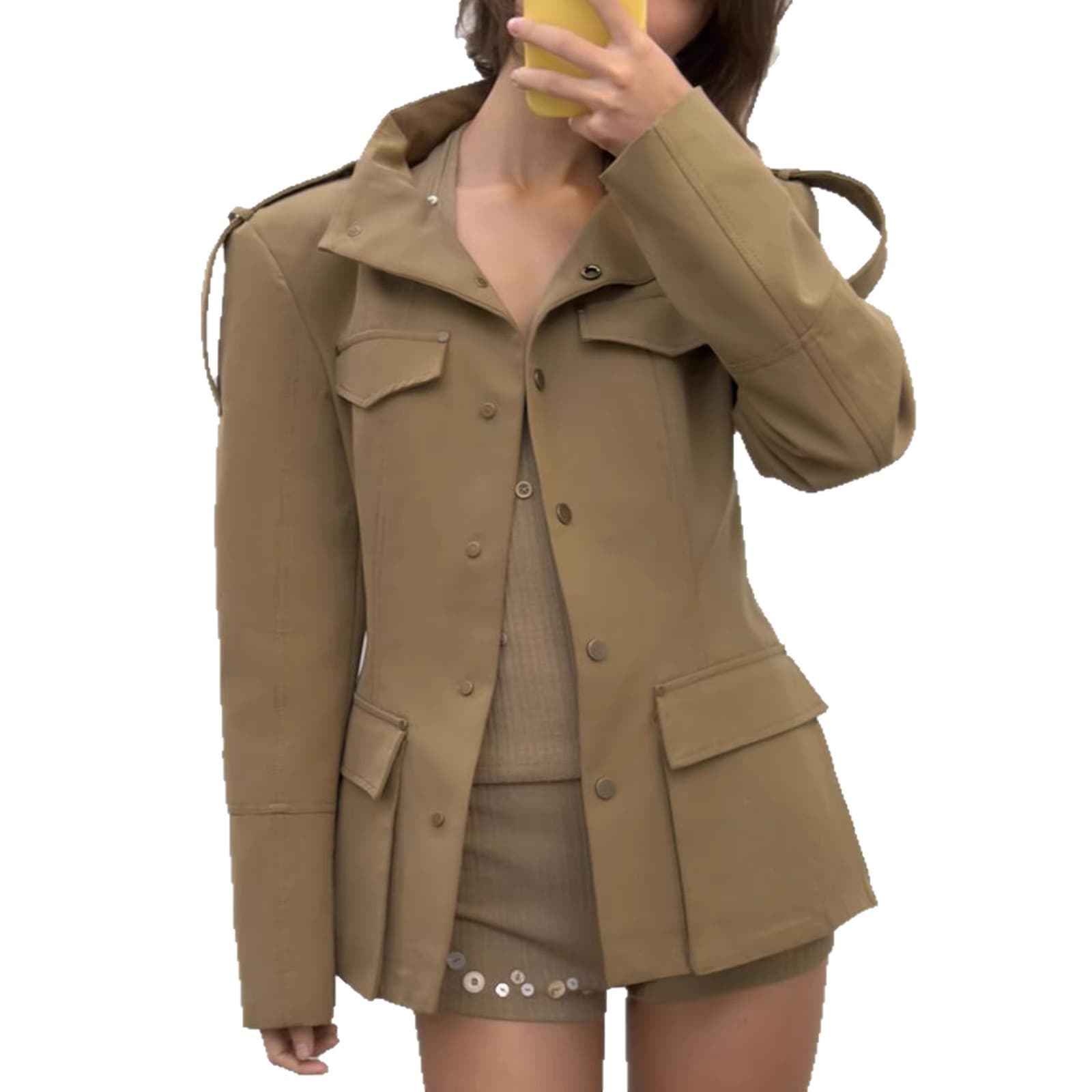 Cross-border women's clothing wholesale hot-selling khaki stand collar shoulder strap waist pocket workwear jacket American retro style jacket
