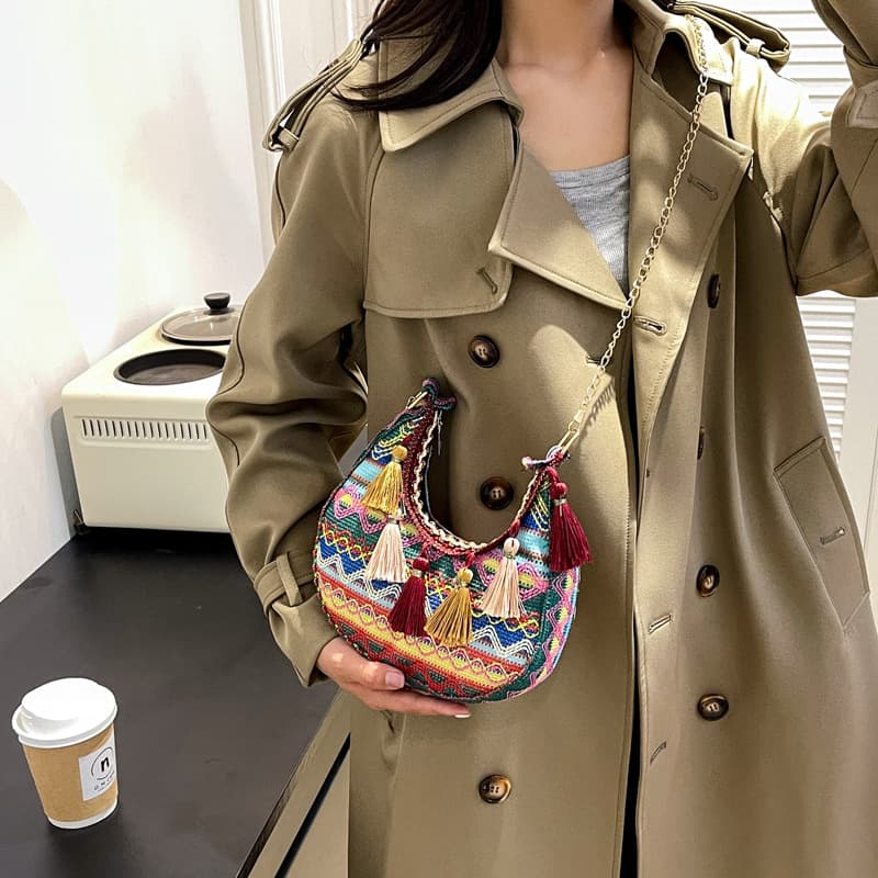 Embroidered Ethnic Style Tassel Bag for Women 2026 New Woven Shoulder Crossbody Bag Fashionable Holiday Style Underarm Bag