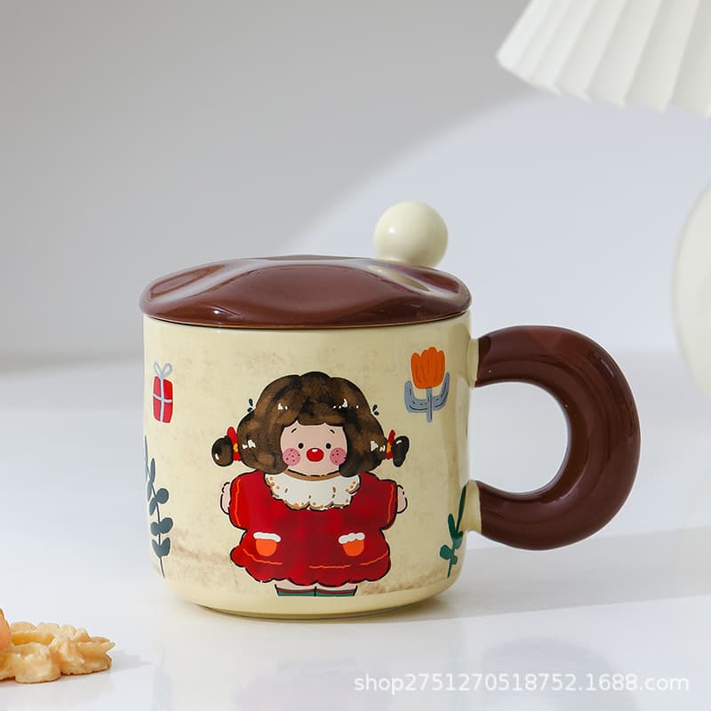 Korean-Style Ins Super Cute Cartoon Ceramic Mug with Lid and Spoon, Couple Mugs for Men and Women, Company Opening Gift