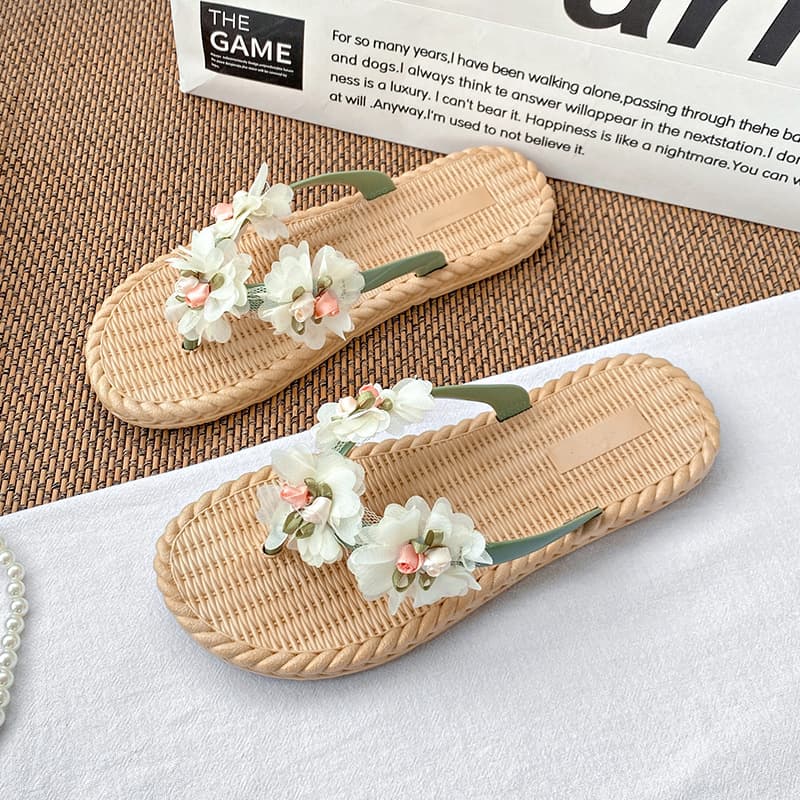 Floral Flip Flops for Women Summer Outdoor 2024 New Style Beach Sandal Vacation Fairy Style Non-Slip Waterproof