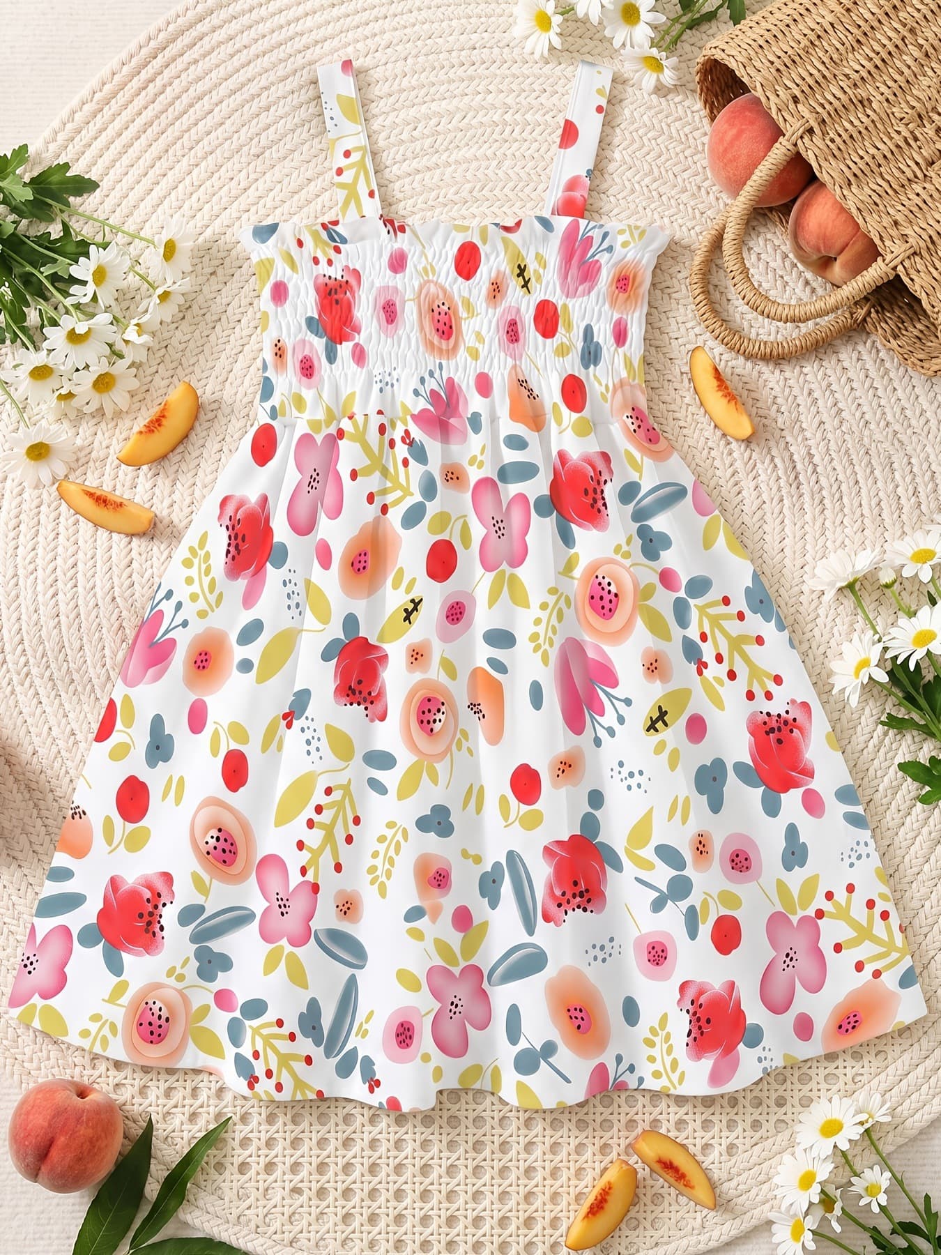 French-style floral print dress and hat, sleeveless design for toddlers, fresh, elegant, sweet, and colorful.