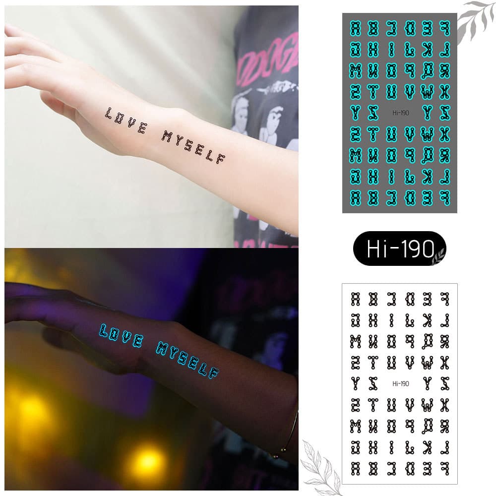 New cross-border blue glow-in-the-dark minimalist temporary tattoo stickers, waterproof, sweat-resistant, letter-themed, electronic music festival party stickers.