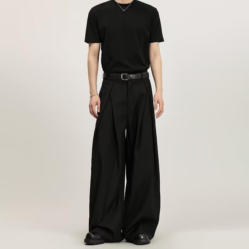 American minimalist high-end commuter black curved sword trousers for men, streetwear brand with drape, wide-leg relaxed straight pants