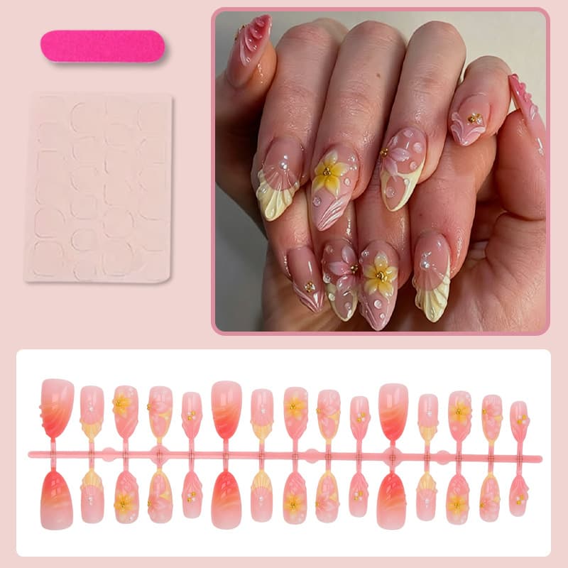 Cross-Border Hot Selling in Europe and America Pink-Yellow Gradient Shell 3D Floral Nail Art Whitening Almond Nail Tips Removable