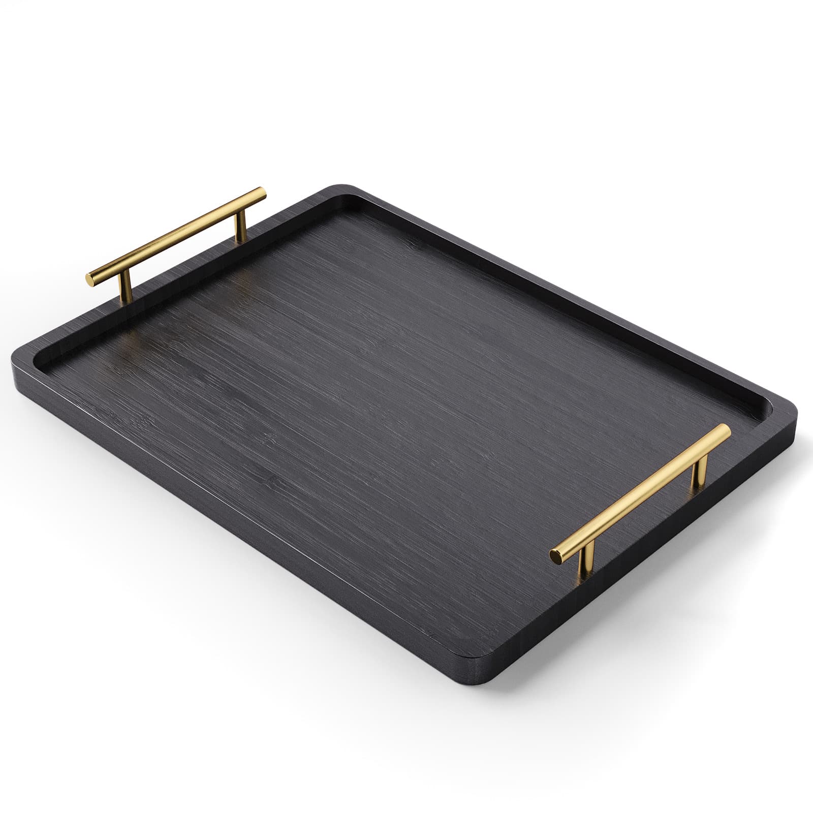 High-End Black Dining Full Bamboo Tea Cup Tray, High-End Home Kitchen Breakfast Tray with Exquisite Metal Handle