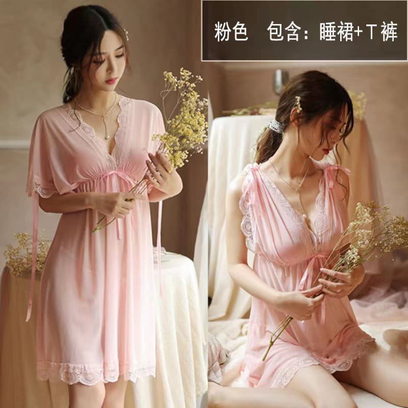 Plus Size Lingerie for Women Mesh Sheer Tie Nightgown Lace Deep V Backless Sexy Sleepwear Set