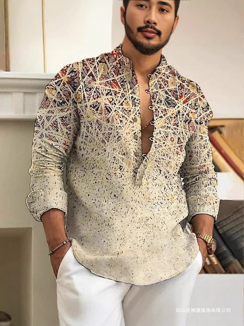 New summer style men's shirts from Europe and America, long-sleeved, stand-up collar, trendy animal print, casual thin shirts for men.